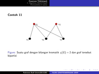 Pewarnaan Titik(simpul)
2. Algotitma Welch-Powell
Permasalahan 4 warna
Contoh 11
Figure: Suatu graf dengan bilangan kromatik χ(G) = 2 dan graf tersebut
bipartisi
Rukmono Budi Utomo30115301 TEORI GRAFPEWARNAAN GRAF
 