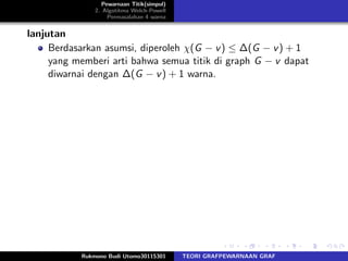 Pewarnaan Titik(simpul)
2. Algotitma Welch-Powell
Permasalahan 4 warna
lanjutan
Berdasarkan asumsi, diperoleh χ(G − v) ≤ ∆(G − v) + 1
yang memberi arti bahwa semua titik di graph G − v dapat
diwarnai dengan ∆(G − v) + 1 warna.
Rukmono Budi Utomo30115301 TEORI GRAFPEWARNAAN GRAF
 