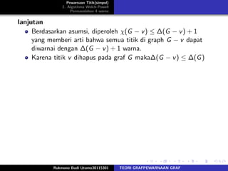 Pewarnaan Titik(simpul)
2. Algotitma Welch-Powell
Permasalahan 4 warna
lanjutan
Berdasarkan asumsi, diperoleh χ(G − v) ≤ ∆(G − v) + 1
yang memberi arti bahwa semua titik di graph G − v dapat
diwarnai dengan ∆(G − v) + 1 warna.
Karena titik v dihapus pada graf G maka∆(G − v) ≤ ∆(G)
Rukmono Budi Utomo30115301 TEORI GRAFPEWARNAAN GRAF
 