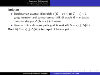 Pewarnaan Titik(simpul)
2. Algotitma Welch-Powell
Permasalahan 4 warna
lanjutan
Berdasarkan asumsi, diperoleh χ(G − v) ≤ ∆(G − v) + 1
yang memberi arti bahwa semua titik di graph G − v dapat
diwarnai dengan ∆(G − v) + 1 warna.
Karena titik v dihapus pada graf G maka∆(G − v) ≤ ∆(G)
Dari ∆(G − v) ≤ ∆(G)) terdapat 2 kasus,yaitu :
Rukmono Budi Utomo30115301 TEORI GRAFPEWARNAAN GRAF
 