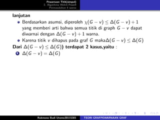 Pewarnaan Titik(simpul)
2. Algotitma Welch-Powell
Permasalahan 4 warna
lanjutan
Berdasarkan asumsi, diperoleh χ(G − v) ≤ ∆(G − v) + 1
yang memberi arti bahwa semua titik di graph G − v dapat
diwarnai dengan ∆(G − v) + 1 warna.
Karena titik v dihapus pada graf G maka∆(G − v) ≤ ∆(G)
Dari ∆(G − v) ≤ ∆(G)) terdapat 2 kasus,yaitu :
1 ∆(G − v) = ∆(G)
Rukmono Budi Utomo30115301 TEORI GRAFPEWARNAAN GRAF
 