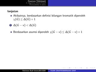 Pewarnaan Titik(simpul)
2. Algotitma Welch-Powell
Permasalahan 4 warna
lanjutan
Akibatnya, berdasarkan deﬁnisi bilangan kromatik diperoleh
χ(G) ≤ ∆(G) + 1
1 ∆(G − v) < ∆(G)
Berdasarkan asumsi diperoleh χ(G − v) ≤ ∆(G − v) + 1
Rukmono Budi Utomo30115301 TEORI GRAFPEWARNAAN GRAF
 