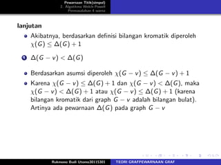 Pewarnaan Titik(simpul)
2. Algotitma Welch-Powell
Permasalahan 4 warna
lanjutan
Akibatnya, berdasarkan deﬁnisi bilangan kromatik diperoleh
χ(G) ≤ ∆(G) + 1
1 ∆(G − v) < ∆(G)
Berdasarkan asumsi diperoleh χ(G − v) ≤ ∆(G − v) + 1
Karena χ(G − v) ≤ ∆(G) + 1 dan χ(G − v) < ∆(G), maka
χ(G − v) < ∆(G) + 1 atau χ(G − v) ≤ ∆(G) + 1 (karena
bilangan kromatik dari graph G − v adalah bilangan bulat).
Artinya ada pewarnaan ∆(G) pada graph G − v
Rukmono Budi Utomo30115301 TEORI GRAFPEWARNAAN GRAF
 