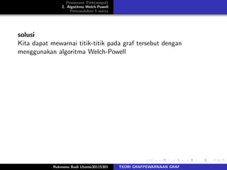 Pewarnaan Titik(simpul)
2. Algotitma Welch-Powell
Permasalahan 4 warna
solusi
Kita dapat mewarnai titik-titik pada graf tersebut dengan
menggunakan algoritma Welch-Powell
Rukmono Budi Utomo30115301 TEORI GRAFPEWARNAAN GRAF
 