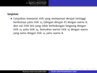 Pewarnaan Titik(simpul)
2. Algotitma Welch-Powell
Permasalahan 4 warna
lanjutan
Lanjutkan mewarnai titik yang mempunyai derajat tertinggi
berikutnya yaitu titik v3 (dengan derajat 4) dengan warna b,
dan cari titik lain yang tidak berhubungan langsung dengan
titik v3 yaitu titik v5, kemudian warnai titik v5 dengan warna
yang sama dengan titik v3 yaitu warna b.
Rukmono Budi Utomo30115301 TEORI GRAFPEWARNAAN GRAF
 