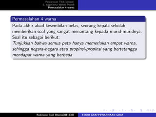 Pewarnaan Titik(simpul)
2. Algotitma Welch-Powell
Permasalahan 4 warna
Permasalahan 4 warna
Pada akhir abad kesembilan belas, seorang kepala sekolah
memberikan soal yang sangat menantang kepada murid-muridnya.
Soal itu sebagai berikut:
Tunjukkan bahwa semua peta hanya memerlukan empat warna,
sehingga negara-negara atau propinsi-propinsi yang bertetangga
mendapat warna yang berbeda
Rukmono Budi Utomo30115301 TEORI GRAFPEWARNAAN GRAF
 