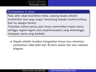 Pewarnaan Titik(simpul)
2. Algotitma Welch-Powell
Permasalahan 4 warna
Permasalahan 4 warna
Pada akhir abad kesembilan belas, seorang kepala sekolah
memberikan soal yang sangat menantang kepada murid-muridnya.
Soal itu sebagai berikut:
Tunjukkan bahwa semua peta hanya memerlukan empat warna,
sehingga negara-negara atau propinsi-propinsi yang bertetangga
mendapat warna yang berbeda
Kepala sekolah tersebut mengatakan hanya mau menerima
pembuktian tidak lebih dari 30 baris tulisan dan satu halaman
diagram.
Rukmono Budi Utomo30115301 TEORI GRAFPEWARNAAN GRAF
 