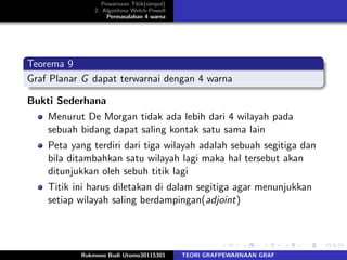 Pewarnaan Titik(simpul)
2. Algotitma Welch-Powell
Permasalahan 4 warna
Teorema 9
Graf Planar G dapat terwarnai dengan 4 warna
Bukti Sederhana
Menurut De Morgan tidak ada lebih dari 4 wilayah pada
sebuah bidang dapat saling kontak satu sama lain
Peta yang terdiri dari tiga wilayah adalah sebuah segitiga dan
bila ditambahkan satu wilayah lagi maka hal tersebut akan
ditunjukkan oleh sebuh titik lagi
Titik ini harus diletakan di dalam segitiga agar menunjukkan
setiap wilayah saling berdampingan(adjoint)
Rukmono Budi Utomo30115301 TEORI GRAFPEWARNAAN GRAF
 