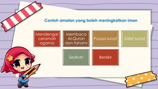 Contoh amalan yang boleh meningkatkan iman
Mendengar
ceramah
agama
Membaca
Al-Quran
dan fahami
Puasa sunat Solat sunat
Sedkah Berzikir
 