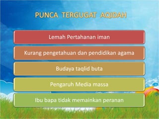 Lemah Pertahanan iman

Kurang pengetahuan dan pendidikan agama

           Budaya taqlid buta

         Pengaruh Media massa

   Ibu bapa tidak memainkan peranan
 