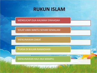 RUKUN ISLAM
MENGUCAP DUA KALIMAH SYAHADAH


SOLAT LIMA WAKTU SEHARI SEMALAM


MENUNAIKAN ZAKAT


PUASA DI BULAN RAMADHAN


MENUNAIKAN HAJI JIKA MAMPU
 