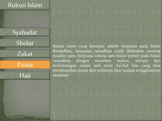 Rukun Islam



 Syahadat
  Sholat      Rukun islam yang keempat adalah berpuasa pada bulan
              Ramadhan, berpuasa ramadhan wajib dilakukan seorang
   Zakat      muslim yaitu berpuasa selama satu bulan penuh pada bulan
              ramadhan dengan menahan makan, minum dan
  Puasa       berhubungan suami istri serta hal-hal lain yang bisa
              membatalkan puasa dari terbitnya fajar sampai tenggelamnya
   Haji       matahari.
 