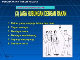 PENGHAYATAN RUKUN NEGARA

            CARA-CARA PENGHAYATAN




    1. Rakan yang menjaga takwa dan iman
    2. Tegur menegur
    3. Menjaga masa
    4. Menjaga sembahyang
    5. Sayang menyayangi
    6. Sentiasa ceria




 01/02/13                                  38
 