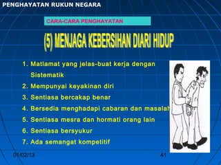 PENGHAYATAN RUKUN NEGARA

             CARA-CARA PENGHAYATAN




     1. Matlamat yang jelas-buat kerja dengan
        Sistematik
     2. Mempunyai keyakinan diri
     3. Sentiasa bercakap benar
     4. Bersedia menghadapi cabaran dan masalah
     5. Sentiasa mesra dan hormati orang lain
     6. Sentiasa bersyukur
     7. Ada semangat kompetitif

  01/02/13                                      41
 