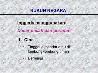RUKUN NEGARA

Inggeris menggunakan:
Dasar pecah dan perintah

1. Cina
  • Tinggal di bandar atau di
    lombong-lombong timah
  • Berniaga
 