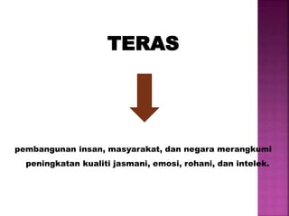 TERAS
pembangunan insan, masyarakat, dan negara merangkumi
peningkatan kualiti jasmani, emosi, rohani, dan intelek.
 