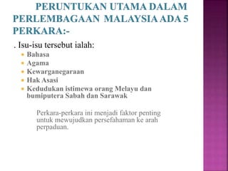 . Isu-isu tersebut ialah:
 Bahasa
 Agama
 Kewarganegaraan
 Hak Asasi
 Kedudukan istimewa orang Melayu dan
bumiputera Sabah dan Sarawak
Perkara-perkara ini menjadi faktor penting
untuk mewujudkan persefahaman ke arah
perpaduan.
 