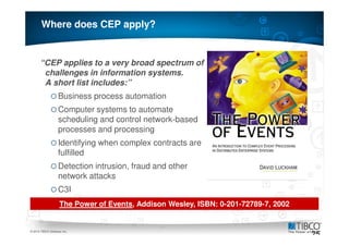 Where does CEP apply?


       “CEP applies to a very broad spectrum of
        challenges in information systems.
        A short list includes:”
                   Business process automation
                   Computer systems to automate
                   scheduling and control network-based
                   processes and processing
                   Identifying when complex contracts are
                   fulfilled
                   Detection intrusion, fraud and other
                   network attacks
                   C3I
                    The Power of Events, Addison Wesley, ISBN: 0-201-72789-7, 2002

25
© 2010 TIBCO Software Inc.
                                                                                     25
 