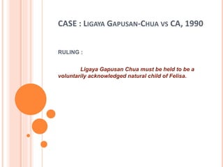 CASE : LIGAYA GAPUSAN-CHUA VS CA, 1990
RULING :
Ligaya Gapusan Chua must be held to be a
voluntarily acknowledged natural child of Felisa.
 