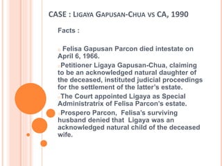 CASE : LIGAYA GAPUSAN-CHUA VS CA, 1990
Facts :
o Felisa Gapusan Parcon died intestate on
April 6, 1966.
oPetitioner Ligaya Gapusan-Chua, claiming
to be an acknowledged natural daughter of
the deceased, instituted judicial proceedings
for the settlement of the latter’s estate.
oThe Court appointed Ligaya as Special
Administratrix of Felisa Parcon’s estate.
oProspero Parcon, Felisa’s surviving
husband denied that Ligaya was an
acknowledged natural child of the deceased
wife.
 