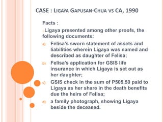 CASE : LIGAYA GAPUSAN-CHUA VS CA, 1990
Facts :
oLigaya presented among other proofs, the
following documents:
a) Felisa’s sworn statement of assets and
liabilities wherein Ligaya was named and
described as daughter of Felisa;
b) Felisa’s application for GSIS life
insurance in which Ligaya is set out as
her daughter;
c) GSIS check in the sum of P505.50 paid to
Ligaya as her share in the death benefits
due the heirs of Felisa;
d) a family photograph, showing Ligaya
beside the deceased.
 