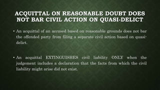 ACQUITTAL ON REASONABLE DOUBT DOES
NOT BAR CIVIL ACTION ON QUASI-DELICT
• An acquittal of an accused based on reasonable grounds does not bar
the offended party from filing a separate civil action based on quasi-
delict.
• An acquittal EXTINGUISHES civil liability ONLY when the
judgement includes a declaration that the facts from which the civil
liability might arise did not exist.
 