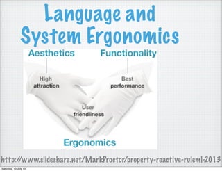 Language and
System Ergonomics
http://www.slideshare.net/MarkProctor/property-reactive-ruleml-2013
Saturday, 13 July 13
 