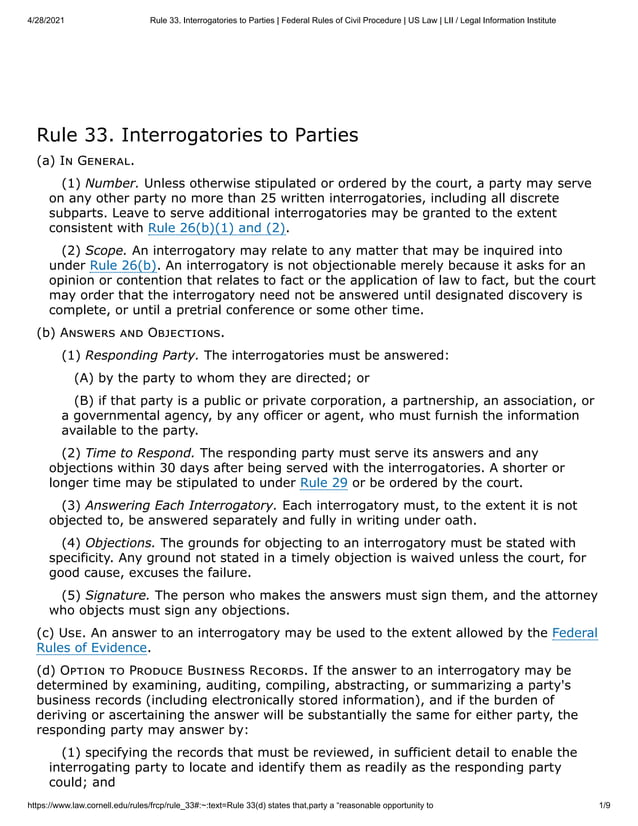 Rule 33. interrogatories to parties federal rules of civil procedure us law _ lii _ legal