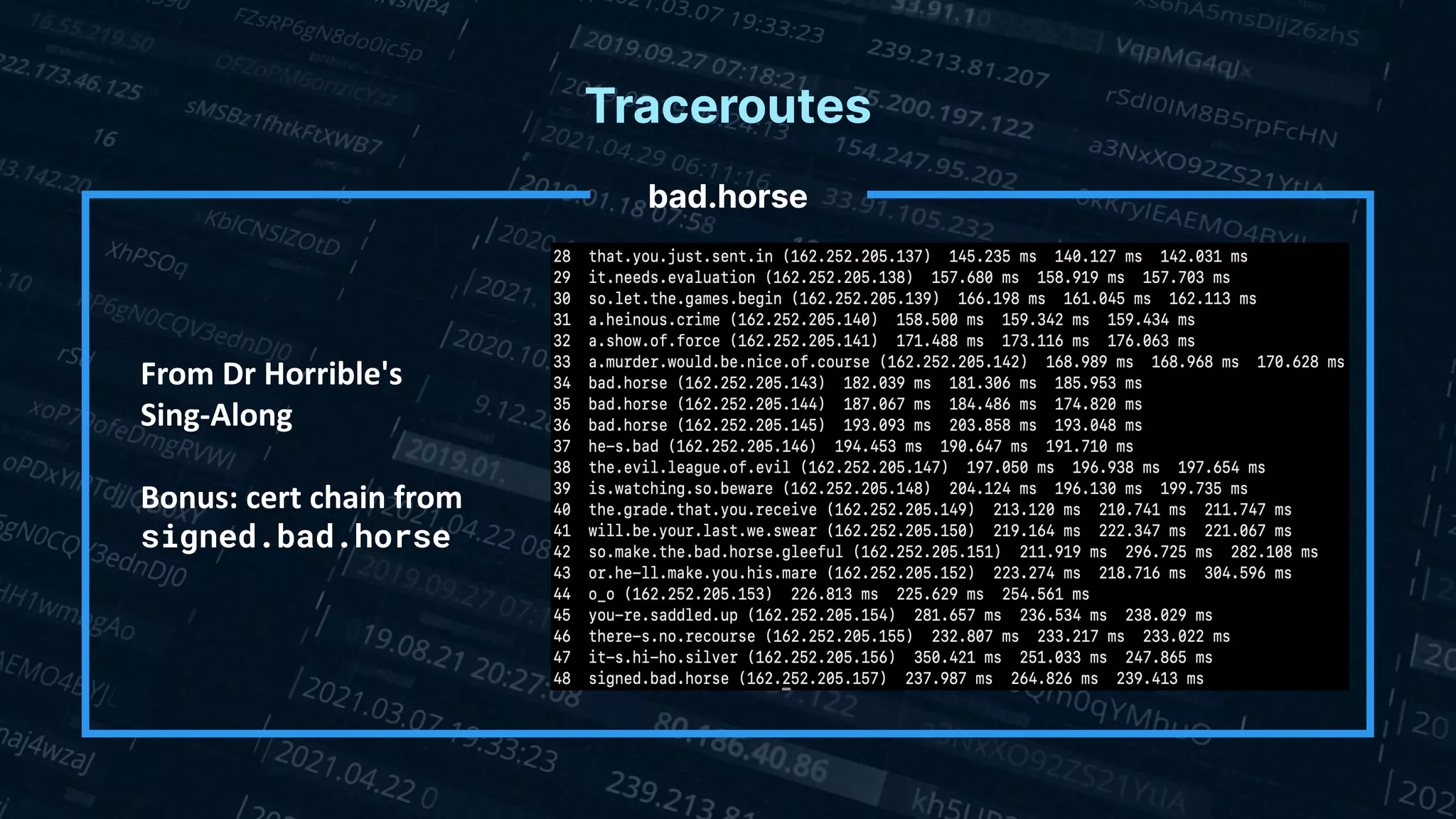 Traceroutes
bad.horse
From Dr Horrible's
Sing-Along
Bonus: cert chain from
signed.bad.horse
 
