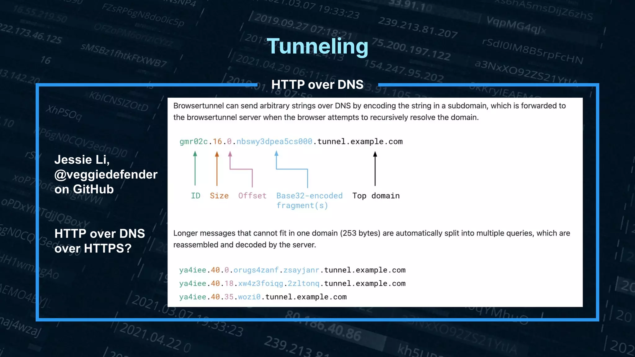Tunneling
HTTP over DNS
Jessie Li,
@veggiedefender
on GitHub
HTTP over DNS
over HTTPS?
 
