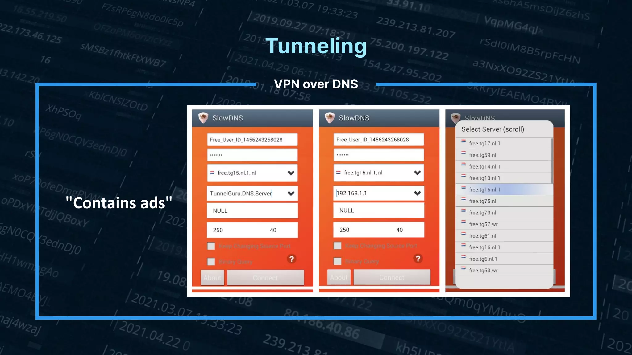 Tunneling
VPN over DNS
"Contains ads"
 