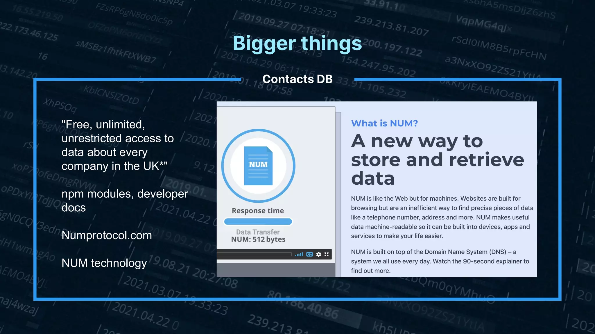 Bigger things
Contacts DB
"Free, unlimited,
unrestricted access to
data about every
company in the UK*"
npm modules, developer
docs
Numprotocol.com
NUM technology
 