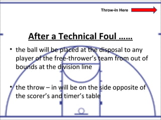 After a Technical Foul ……
• the ball will be placed at the disposal to any
player of the free-thrower’s team from out of
bounds at the division line
• the throw – in will be on the side opposite of
the scorer’s and timer’s table
Throw-In Here
 
