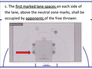 c. The first marked lane spacesfirst marked lane spaces on each side of
the lane, above the neutral zone marks, shall be
occupied by opponentsopponents of the free thrower.
 