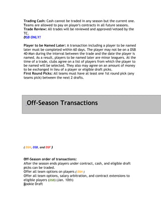 Trading Cash: Cash cannot be traded in any season but the current one.
Teams are allowed to pay on player's contracts in all future seasons.
T
Trade Review: All trades will be reviewed and approved/vetoed by the
TC.
DSB ONLY!
D

Player to be Named Later: A transaction including a player to be named
later must be completed within 60 days. The player may not be on a DSB
40-Man during the interval between the trade and the date the player is
named. As a result, players to be named later are minor leaguers. At the
time of a trade, clubs agree on a list of players from which the player to
be named will be selected. They also may agree on an amount of money
to
t be exchanged in lieu of a player or eligible draft picks.
First Round Picks: All teams must have at least one 1st round pick (any
t
teams pick) between the next 2 drafts.




  Off-Season Transactions




( DSH, DSB, and DSF )



Off-Season order of transactions:
O
After the season ends players under contract, cash, and eligible draft
picks can be traded.
p
Offer all team options on players ( DSH )
Offer all team options, salary arbitration, and contract extensions to
eligible players (DSB) (Jan. 10th)
Rookie Draft
d
 