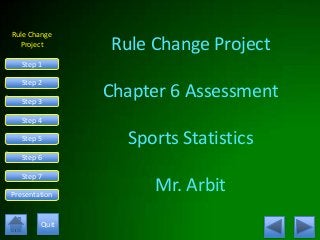 Rule Change
Project
Step 1
Step 3
Step 2
Step 4
Step 5
Step 6
Step 7
Presentation
Quit
Rule Change Project
Chapter 6 Assessment
Sports Statistics
Mr. Arbit
 