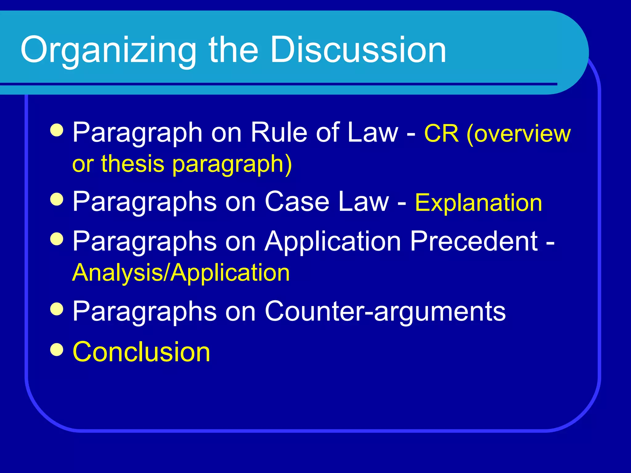 Organizing the Discussion  Paragraph on Rule of Law -  CR (overview or thesis paragraph) Paragraphs on Case Law -  Explanation Paragraphs on Application Precedent -  Analysis/Application Paragraphs on Counter-arguments Conclusion 