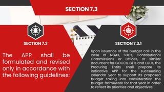 SECTION 7.3
The APP shall be
formulated and revised
only in accordance with
the following guidelines:
SECTION 7.3 SECTION 7.3.1
Upon issuance of the budget call in the
case of NGAs, SUCs, Constitutional
Commissions or Offices, or similar
document for GOCCs, GFIs and LGUs, the
Procuring Entity shall prepare its
indicative APP for the succeeding
calendar year to support its proposed
budget taking into consideration the
budget framework for that year in order
to reflect its priorities and objectives.
 