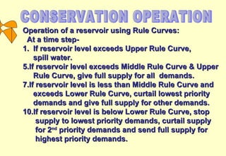 CONSERVATION OPERATION Operation of a reservoir using Rule Curves: At a time step- 1.  If reservoir level exceeds Upper Rule Curve,  spill water. If reservoir level exceeds Middle Rule Curve & Upper  Rule Curve, give full supply for all  demands. If reservoir level is less than Middle Rule Curve and  exceeds Lower Rule Curve, curtail lowest priority  demands and give full supply for other demands. If reservoir level is below Lower Rule Curve, stop  supply to lowest priority demands, curtail supply  for 2 nd  priority demands and send full supply for  highest priority demands. 