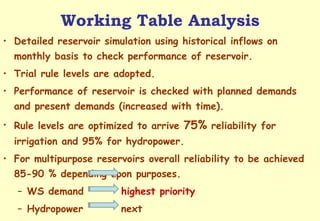 Working Table Analysis Detailed reservoir simulation using historical inflows on monthly basis to check performance of reservoir. Trial rule levels are adopted.  Performance of reservoir is checked with planned demands and present demands (increased with time). Rule levels are optimized to arrive  75%  reliability for irrigation and 95% for hydropower. For multipurpose reservoirs overall reliability to be achieved 85-90 % depending upon purposes. WS demand  highest priority Hydropower  next Irrigation  least 