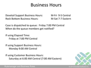 Business HoursDovetail Support Business Hours: 	M-Fri  9-5 CentralRock Bottom Business Hours: 		M-Sat 7-7 EasternCase is dispatched to queue:  Friday 7:00 PM CentralWhen do the queue members get notified?If using Elapsed Time: 	Friday at 7:00 PM CentralIf using Support Business Hours: 	Monday 9:00 AM CentralIf using Customer Business Hours:	Saturday at 6:00 AM Central (7:00 AM Eastern)