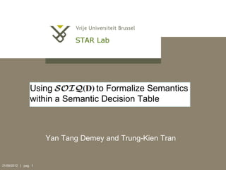 Using           to Formalize Semantics
                 within a Semantic Decision Table



                      Yan Tang Demey and Trung-Kien Tran


21/09/2012 | pag. 1
 