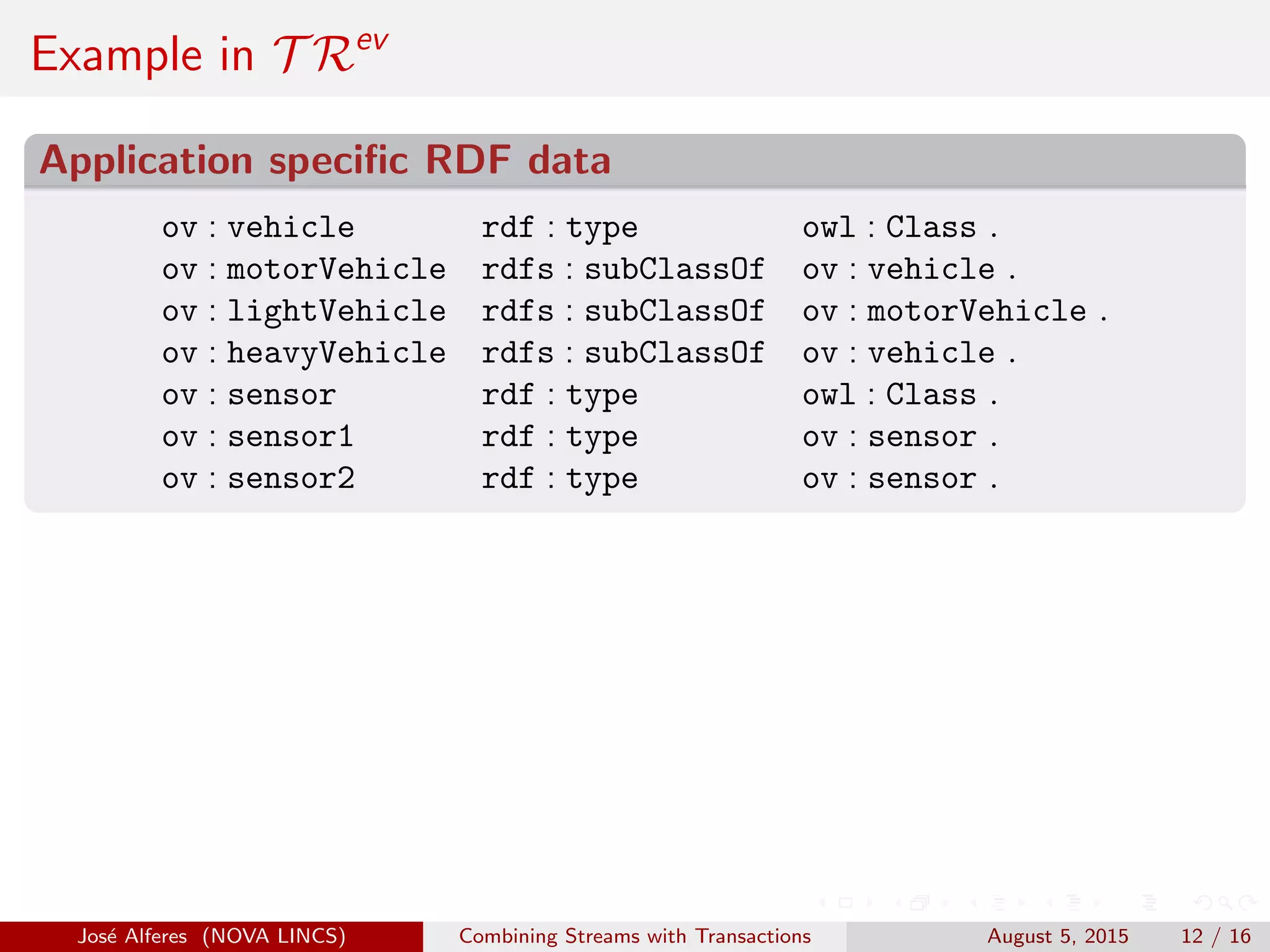 Example in T Rev
Application speciﬁc RDF data
ov : vehicle rdf : type owl : Class .
ov : motorVehicle rdfs : subClassOf ov : vehicle .
ov : lightVehicle rdfs : subClassOf ov : motorVehicle .
ov : heavyVehicle rdfs : subClassOf ov : vehicle .
ov : sensor rdf : type owl : Class .
ov : sensor1 rdf : type ov : sensor .
ov : sensor2 rdf : type ov : sensor .
Jos´e Alferes (NOVA LINCS) Combining Streams with Transactions August 5, 2015 12 / 16
 