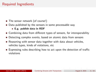 Required Ingredients
The sensor network (of course!)
Data published by the sensors in some processable way
E.g. publish data in RDF
Combining data from diﬀerent types of sensors, for interoperability
Detecting complex events, based on atomic data from sensors
Reasoning with sensor data together with data about vehicles,
vehicles types, kinds of violations, etc
Expressing rules describing how to act upon the detection of traﬃc
violations
Jos´e Alferes (NOVA LINCS) Combining Streams with Transactions August 5, 2015 3 / 16
 