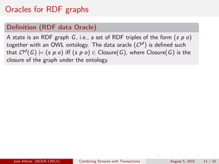 Oracles for RDF graphs
Deﬁnition (RDF data Oracle)
A state is an RDF graph G, i.e., a set of RDF triples of the form (s p o)
together with an OWL ontology. The data oracle (Od ) is deﬁned such
that Od (G) |= (s p o) iﬀ (s p o) ∈ Closure(G), where Closure(G) is the
closure of the graph under the ontology.
Jos´e Alferes (NOVA LINCS) Combining Streams with Transactions August 5, 2015 11 / 16
 