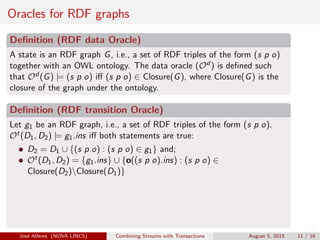 Oracles for RDF graphs
Deﬁnition (RDF data Oracle)
A state is an RDF graph G, i.e., a set of RDF triples of the form (s p o)
together with an OWL ontology. The data oracle (Od ) is deﬁned such
that Od (G) |= (s p o) iﬀ (s p o) ∈ Closure(G), where Closure(G) is the
closure of the graph under the ontology.
Deﬁnition (RDF transition Oracle)
Let g1 be an RDF graph, i.e., a set of RDF triples of the form (s p o).
Ot(D1, D2) |= g1.ins iﬀ both statements are true:
D2 = D1 ∪ {(s p o) : (s p o) ∈ g1} and;
Ot(D1, D2) = {g1.ins} ∪ {o((s p o).ins) : (s p o) ∈
Closure(D2)Closure(D1)}
Jos´e Alferes (NOVA LINCS) Combining Streams with Transactions August 5, 2015 11 / 16
 