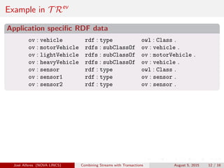 Example in T Rev
Application speciﬁc RDF data
ov : vehicle rdf : type owl : Class .
ov : motorVehicle rdfs : subClassOf ov : vehicle .
ov : lightVehicle rdfs : subClassOf ov : motorVehicle .
ov : heavyVehicle rdfs : subClassOf ov : vehicle .
ov : sensor rdf : type owl : Class .
ov : sensor1 rdf : type ov : sensor .
ov : sensor2 rdf : type ov : sensor .
Jos´e Alferes (NOVA LINCS) Combining Streams with Transactions August 5, 2015 12 / 16
 