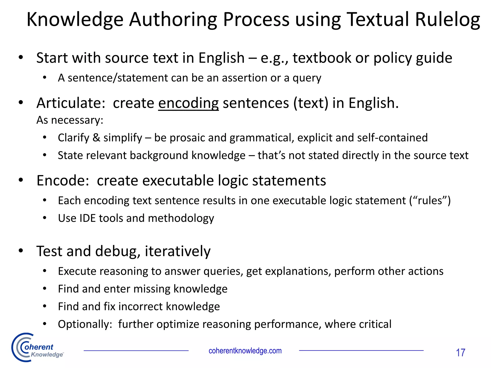 Knowledge Authoring Process using Textual Rulelog
• Start with source text in English – e.g., textbook or policy guide
• A sentence/statement can be an assertion or a query
• Articulate: create encoding sentences (text) in English.
As necessary:
• Clarify & simplify – be prosaic and grammatical, explicit and self-contained
• State relevant background knowledge – that’s not stated directly in the source text
• Encode: create executable logic statements
• Each encoding text sentence results in one executable logic statement (“rules”)
• Use IDE tools and methodology
• Test and debug, iteratively
• Execute reasoning to answer queries, get explanations, perform other actions
• Find and enter missing knowledge
• Find and fix incorrect knowledge
• Optionally: further optimize reasoning performance, where critical
coherentknowledge.com 17
 