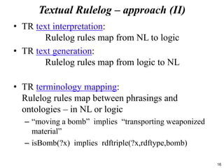 16
Textual Rulelog – approach (II)
• TR text interpretation:
Rulelog rules map from NL to logic
• TR text generation:
Rule...