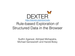 Rule-based Exploration of 
Structured Data in the Browser
Sudhir Agarwal, Abhijeet Mohapatra, 
Michael Genesereth and Harold Boley
DEXTERhttp://dexter.stanford.edu
 